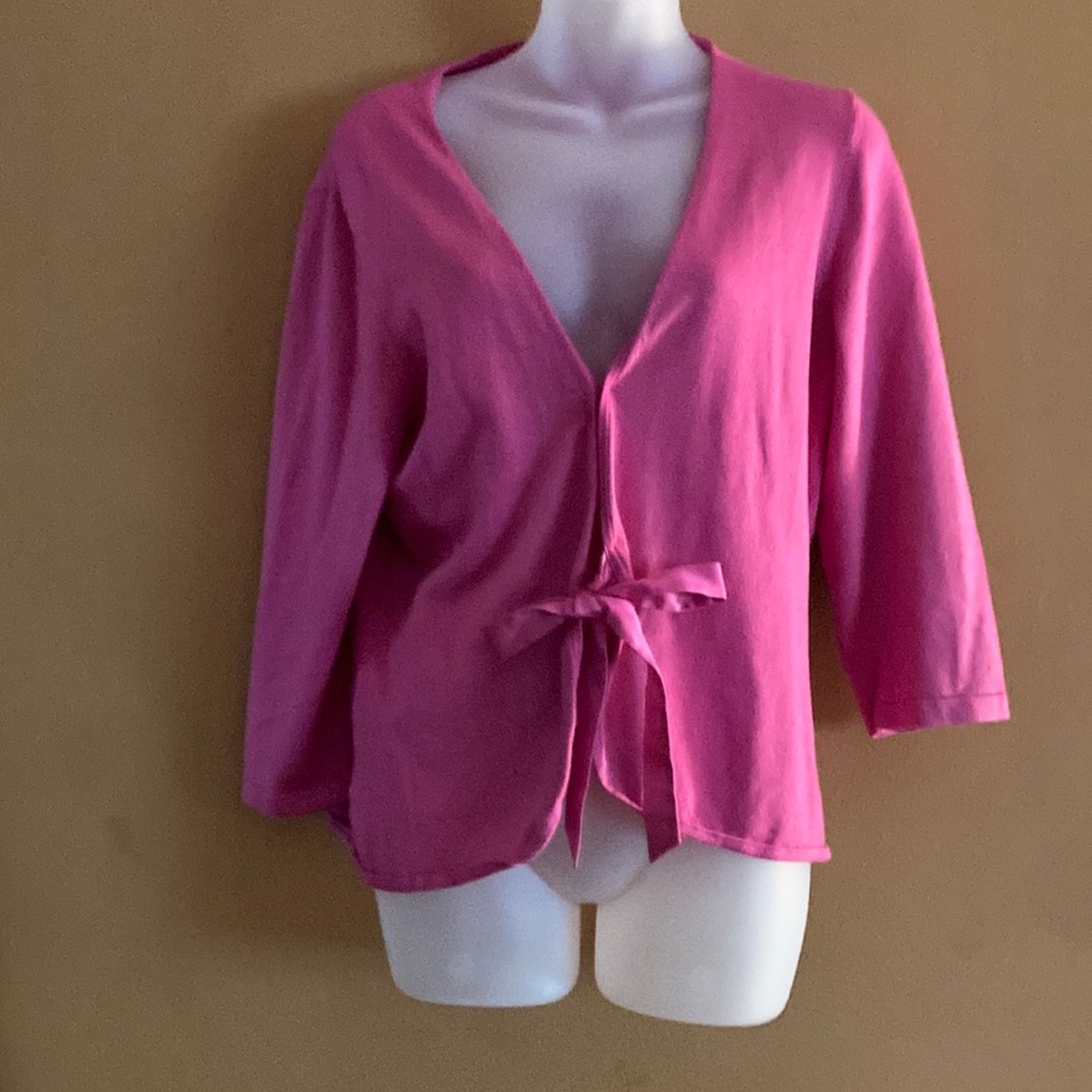 Ann Taylor LOFT Tie Front Cardigan, Pink. 3/4 Length Sleeves | Size XL.